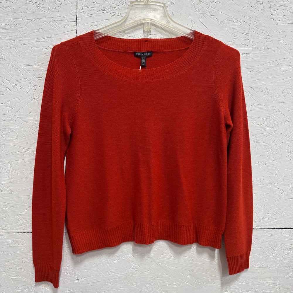 Eileen Fisher S Sweater Orange Merino Wool Lightweight Ribbed Crewneck Vivid NWT